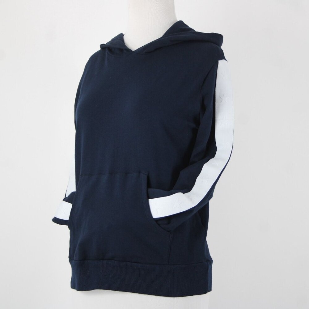 Monrow Sz S Navy White Stripe Embossed Stars Sleeve Cotton Blend Hooded Sweater - Picture 7 of 16
